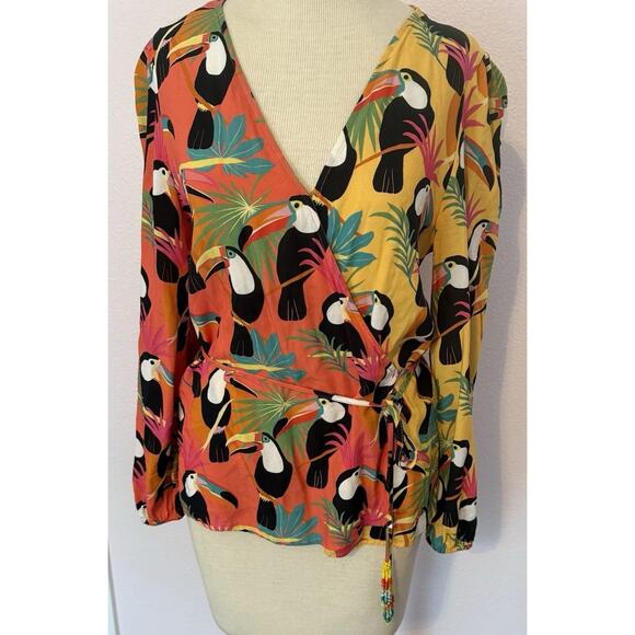 Farm Rio Wrap Shirt Sz Small Tropical Toucan Beaded Tassels Boho Career Casual - Picture 3 of 16